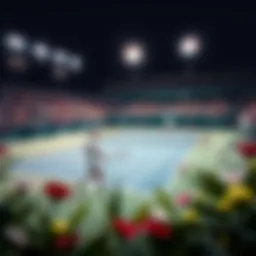 Tennis court with players in action