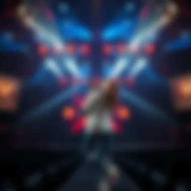 A captivating stage setup during a Kiss performance, showcasing elaborate lighting and stage design.