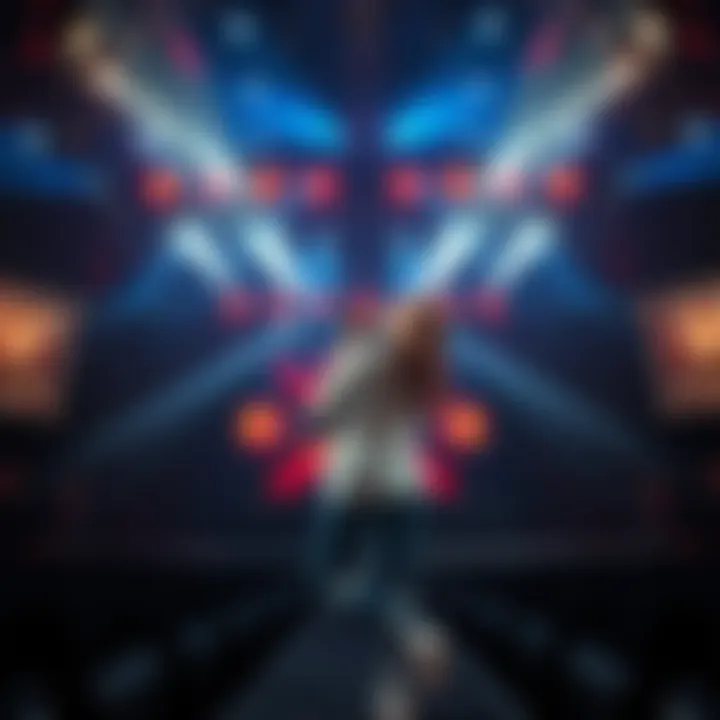 A captivating stage setup during a Kiss performance, showcasing elaborate lighting and stage design.