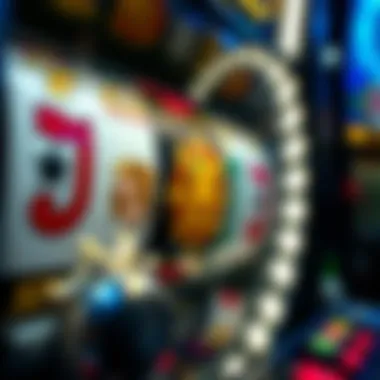 Dynamic Slot Machine Mechanics Close-up of a spinning slot machine reel with thematic symbols