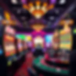 A vibrant interface of an online casino game showcasing various slot machines and roulette tables.