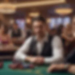 A captivating scene of a live dealer at a casino table engaging with players online.