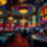 Luxurious Casino Atmosphere Interior view of a luxurious casino floor featuring vibrant lighting and gaming tables