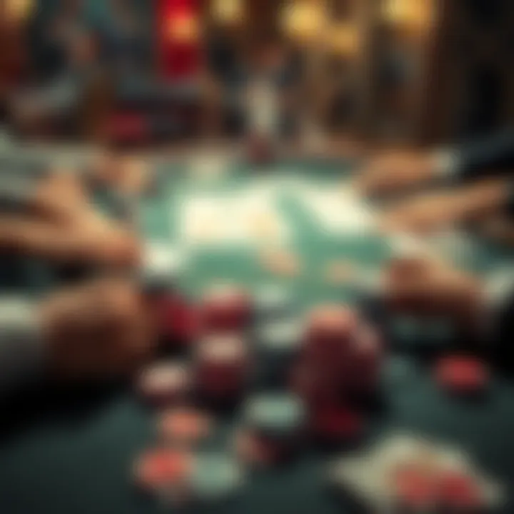 A sophisticated poker table filled with chips and cards, highlighting a strategic game