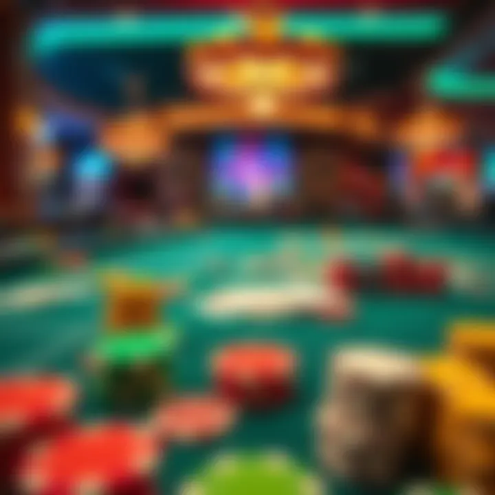 Close-up of vibrant gaming tables filled with colorful chips and cards.