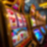 A close-up view of a gold slot machine with vibrant graphics