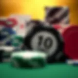 Close-up of poker chips showcasing various denominations